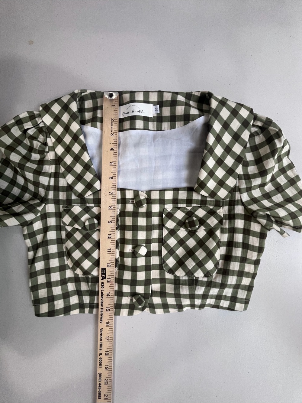 Quanta du Soleil Gingham Cropped Puff Sleeve Top Green Size 36 US Sz 4 or S - Picture 7 of 8